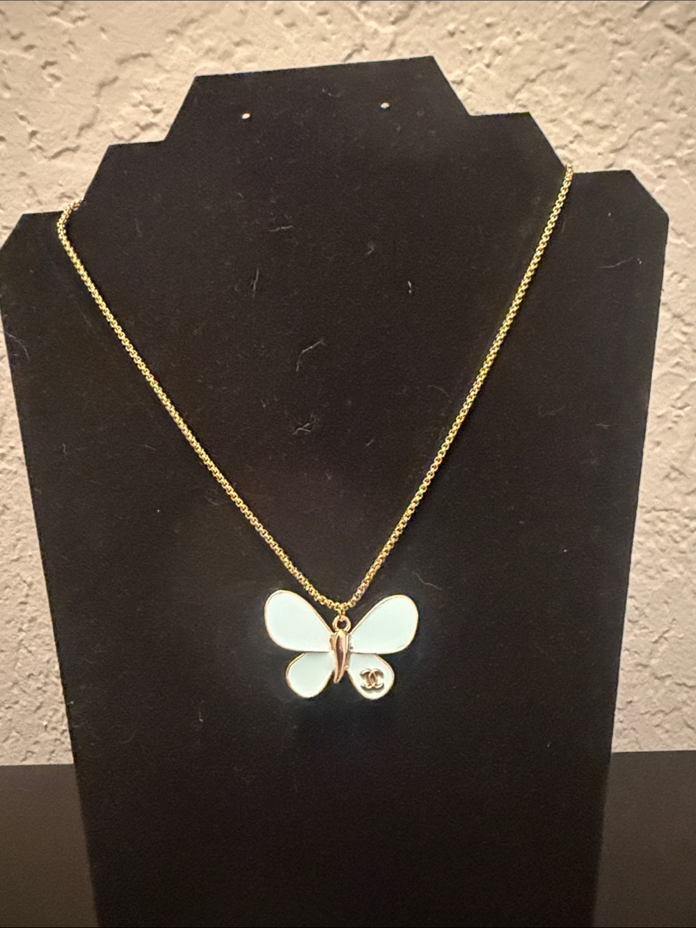 Inspired Gold-Tone Necklace with Light Blue Enamel Butterfly Pendant